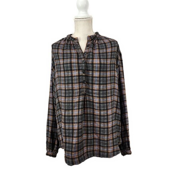FREE PEOPLE Northern Bound Plaid Flannel Women's Small Pullover Shirt in Onyx - Picture 1 of 7